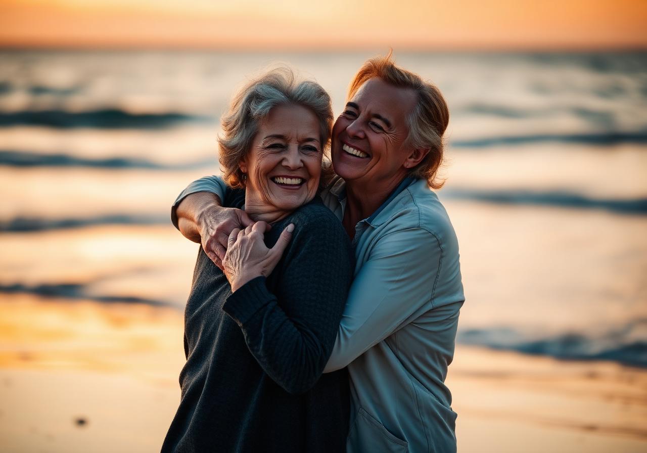 Mature couple embracing at sunset — the everyday goal Horsewood ME users describe